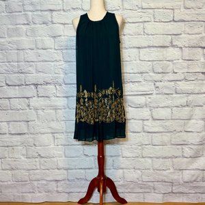 Anthropologie Not So Serious by Pallavi Mohan Green & Gold Beaded Mini Dress
